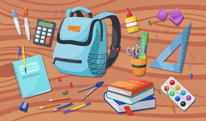 School supplies vector illustration set. Backpack, pencils, brushes, notebook, paints, ruler, sharpener, stickers, calculator, books, glue. Back to school concept.