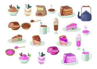 Different kinds of dessert vector illustration set. Cakes, ice cream, cakes, cupcakes, rolls, tea, coffee isolated on white background. Dessert concept.