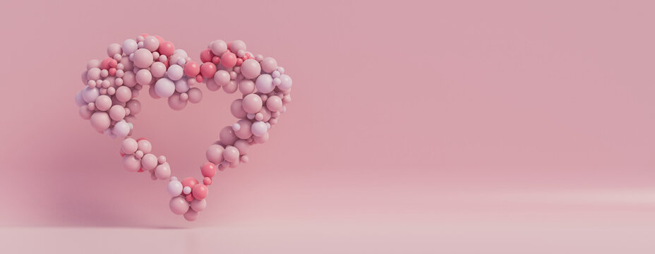 Multicolored Balloon Love Heart. Pink and White Balloons arranged in a heart shape. 3D Render with copy-space. 