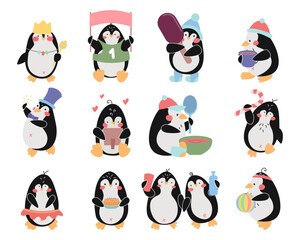 Cute happy penguins vector illustration set. Thirteen penguins with crown, magic wand, ball, ice cream, mug of tea, photo, plate of soup, lollipop, cake isolated on white background. Winter concept.