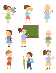 Children with school supply vector illustration set. Nine children with globe, ball, backpack, book, blackboard, computer, pencil, flask isolated on white background. Education concept.