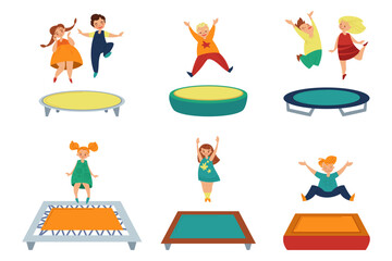 Children jumping on trampolines vector illustration set. Eight happy people jump on six bright trampolines in different poses isolated on white background. Fun, sport concept.