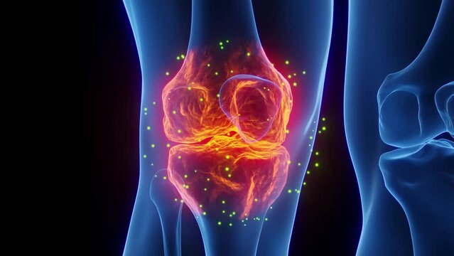 3D rendered Medical Animation of a man's right knee undergoing the healing process.