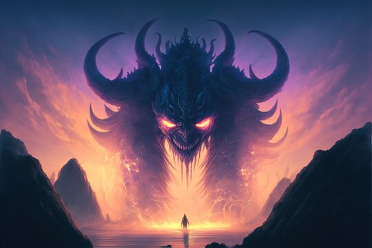 brave traveler battles with giant terrifying monsters. fantasy giant monster in concept Norse Mythology. digital art style, illustration painting.
