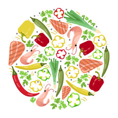 Circular pattern with shrimps and peppers vector illustration. Collection of cartoon drawings of shrimps, chili and bell pepper isolated on white background. Food, diet, nutrition concept