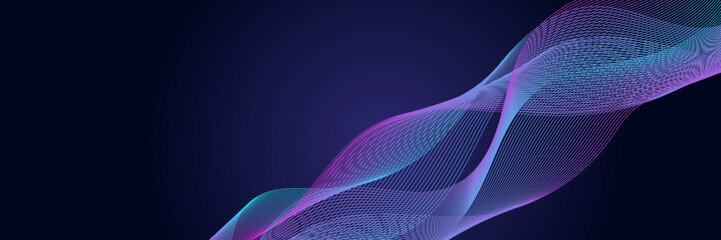 Dark abstract background with glowing wave. Shiny moving lines design element. Modern purple blue gradient flowing wave lines. Futuristic technology concept. Vector illustration