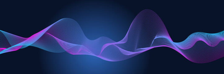 Dark abstract background with glowing wave. Shiny moving lines design element. Modern purple blue gradient flowing wave lines. Futuristic technology concept. Vector illustration