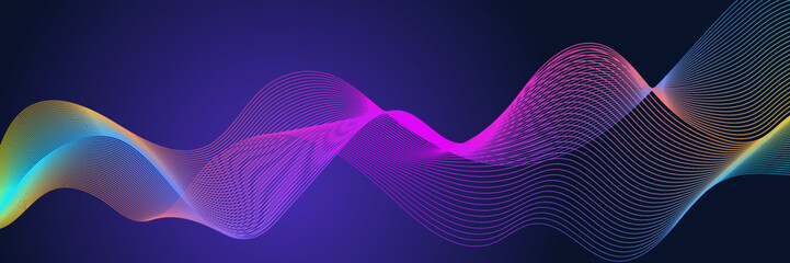 Dark abstract background with glowing wave. Shiny moving lines design element. Modern purple blue gradient flowing wave lines. Futuristic technology concept. Vector illustration
