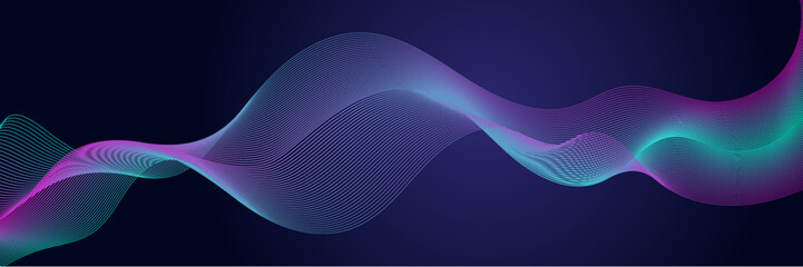 Dark abstract background with glowing wave. Shiny moving lines design element. Modern purple blue gradient flowing wave lines. Futuristic technology concept. Vector illustration