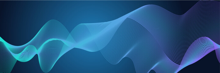 Dark abstract background with glowing wave. Shiny moving lines design element. Modern purple blue gradient flowing wave lines. Futuristic technology concept. Vector illustration
