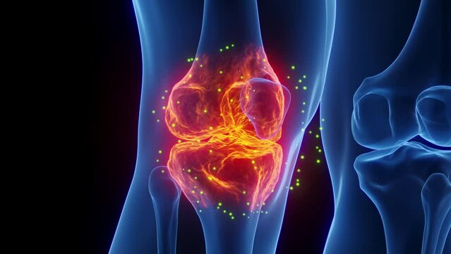 3D rendered Medical Animation of a man's right knee undergoing tissue regeneration.