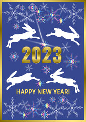 New Year greeting card, Chinese New Year rabbit. Hares run through the snow.