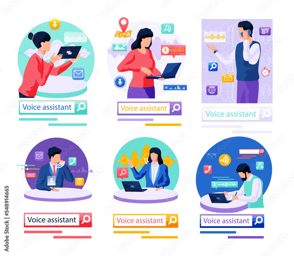 Poster voice assistant. smart speaker virtual assistant, sound robot, people using voice controlled smart s