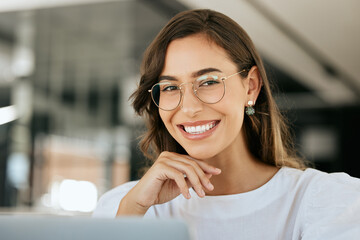 Creative, woman and portrait smile with glasses for vision, career ambition or success at the...