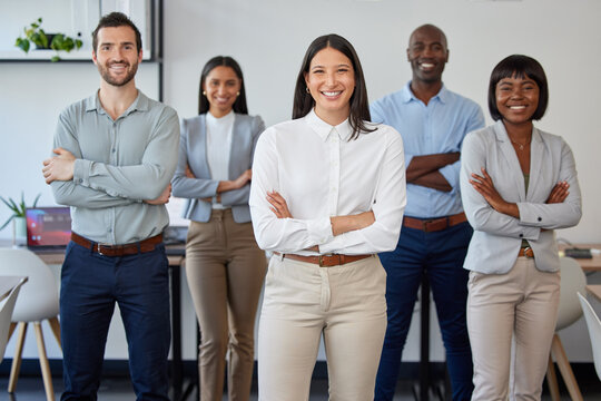 Business people, diversity and success arms crossed in office with company goals, teamwork collaboration or growth mindset. Portrait, smile or happy corporate men and women with leadership motivation