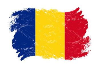 Romania flag on distressed grunge white stroke brush background