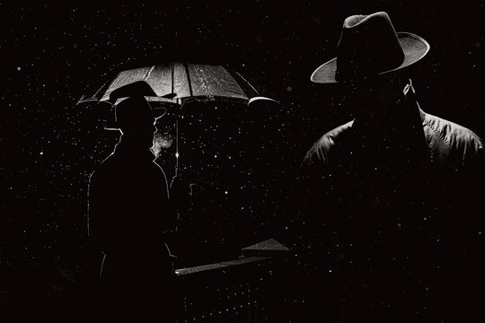 silhouette of a male detective spy in the style of film noir. Collage with a man in a raincoat and hat in a rainy city at night