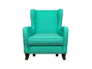 Isolated turquoise armchair with soft armrests. Teal chair on white background 