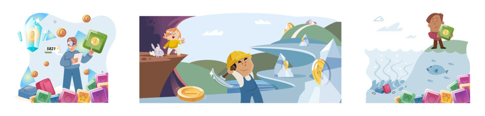 Play to earn games created on basis of blockchain project with elements of NFT, main purpose of earning. Player earn money by playing. Virtual character development business. Cryptocurrency game.