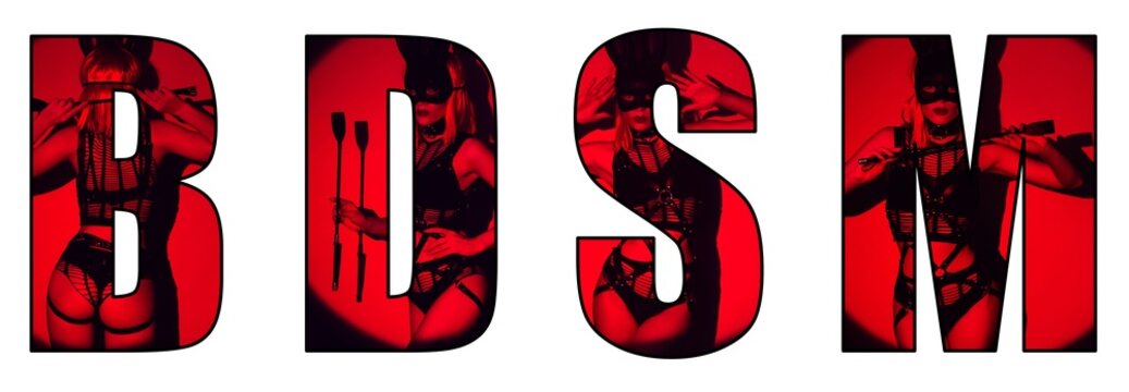 BDSM inscription on a white background. Collage with a sexy woman mistress with a whip for submission