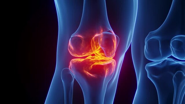 3D rendered Medical Animation of arthritis of a man's right knee.