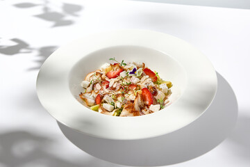 Elegant salad with smoked eel, strawberry and avocado on white table with harsh shadows. Eel salad...