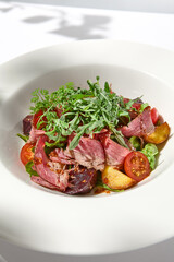 Meat salad with pastrami, baked vegetables and arugula on white background with hard shadows. Salat with roasted beef and vegetables on summer lunch with shadows of leaves.