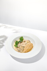 Traditional russian food - beef stroganoff with mushroom sauce and mashed potatoes. Beef stroganoff in white plate on light background with hard shadows. Stew meat with creamy sauce on summer menu.