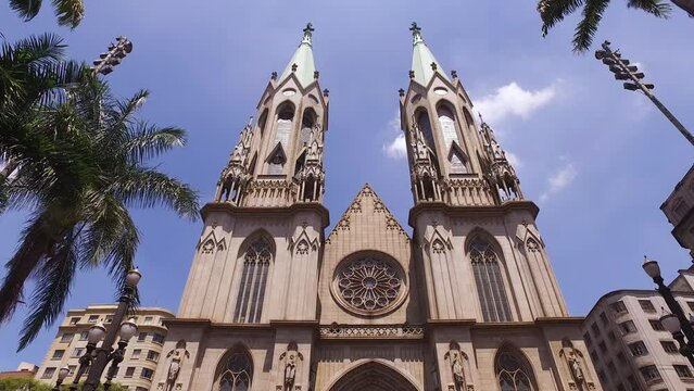 S&atilde;o Paulo Cathedral, Brazil, Cinematic Approaching to Landmark, Exterior and Facade