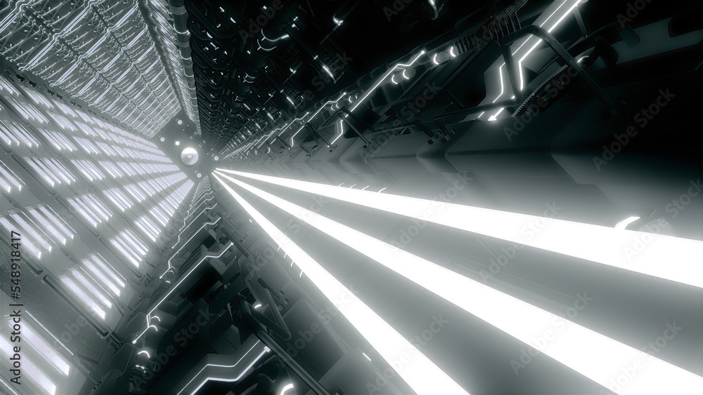Poster technological tunnel with neon lines and pipes. motion. futuristic 3d space with glowing lines and t