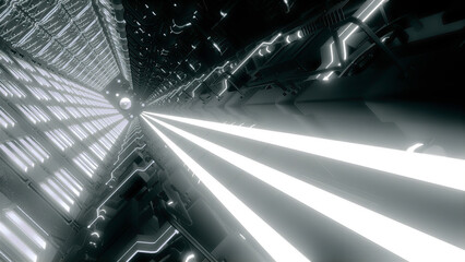 Technological tunnel with neon lines and pipes. Motion. Futuristic 3D space with glowing lines and technologies. Spaceship Tunnel with neon lines. Cyberpunk