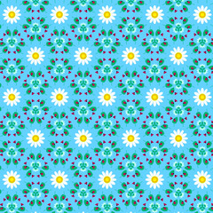 Spring summer botanical pattern with red ladybugs and white daisies isolated on a blue background