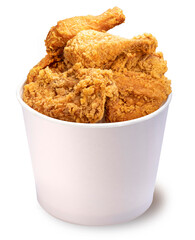 Fried chicken isolated on white bucket With clipping path, Fried chicken on paper box for delivery. 