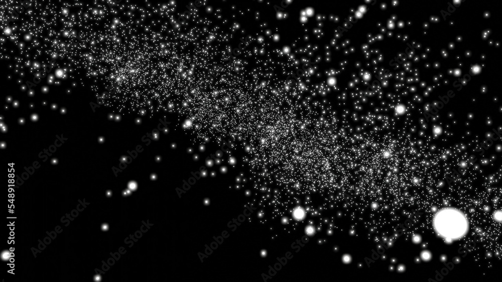 Aufkleber animation with snow or particles on black background. design. falling round snow particles on black 