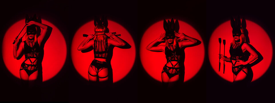 naked woman in underwear and mask with sexy body with a whip flogger for BDSM sex with domination and submission. Erotic collage with a girl
