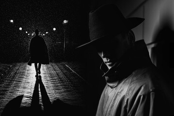 man spy detective in a dark rainy city at night in the noir style. Collage of male silhouette of...