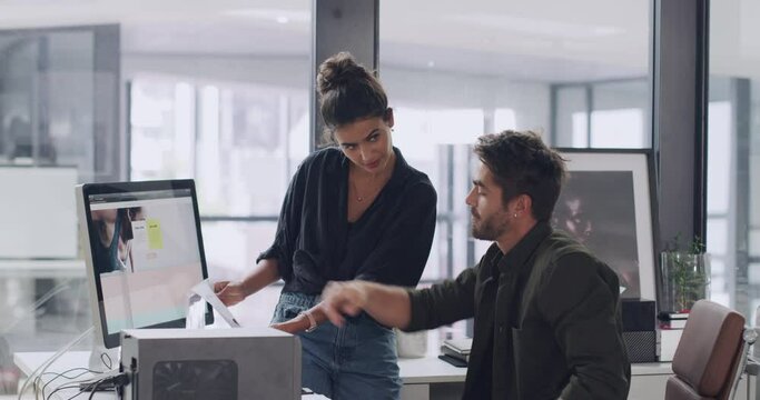 Computer screen, website design and people with ux, ui and paper planning, collaboration and teamwork in software development. Office team, workspace and desktop for user experience analysis or ideas