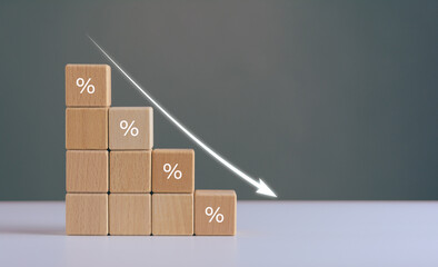 percentage of business turnover decreased, interest rate decline, Wood blocks with percentage sign...