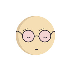 A round yellow emoji with closed eyes wearing black-rimmed glasses and pink lenses with a smiley face. Minimalism vector illustration isolated on white background.