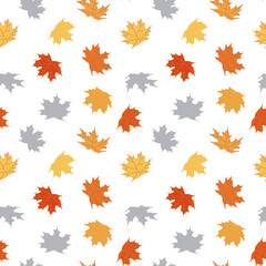 Naklejka na ściany i meble Seamless pattern of autumn wedge leaves of orange, yellow and gray colors with veins. Vector illustration isolated for manamanal backgrounds.