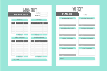 Layout template with week month planner. Simple design. Green color background. Business plan schedule. Table schedule grid. Calender layout. Diary calendar. Business time concept. Poster design.