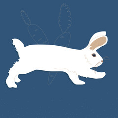 A white fluffy rabbit with long ears is running. Side view of a bunny with a carrot. Illustration vector isolated isolated on dark blue background.