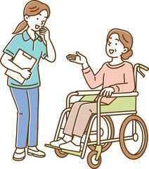会話する車椅子のシニア女性と介護士