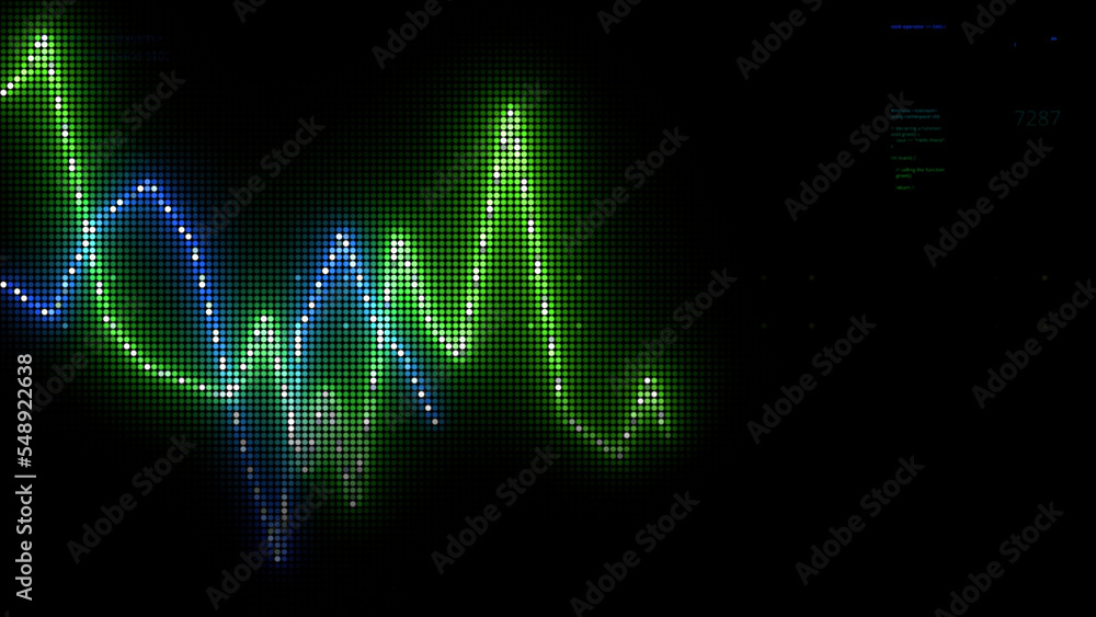 Poster black pixel background . motion . creeping triangular lines of green and blue in animation showing c