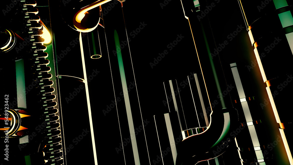 Poster dark background with illuminated elements. motion.animation with a green backlight that moves up.
