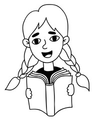 Portrait of smiling cute girl with pigtails reading book. Vector linear hand drawn doodle. Concept child character schoolgirl with book.