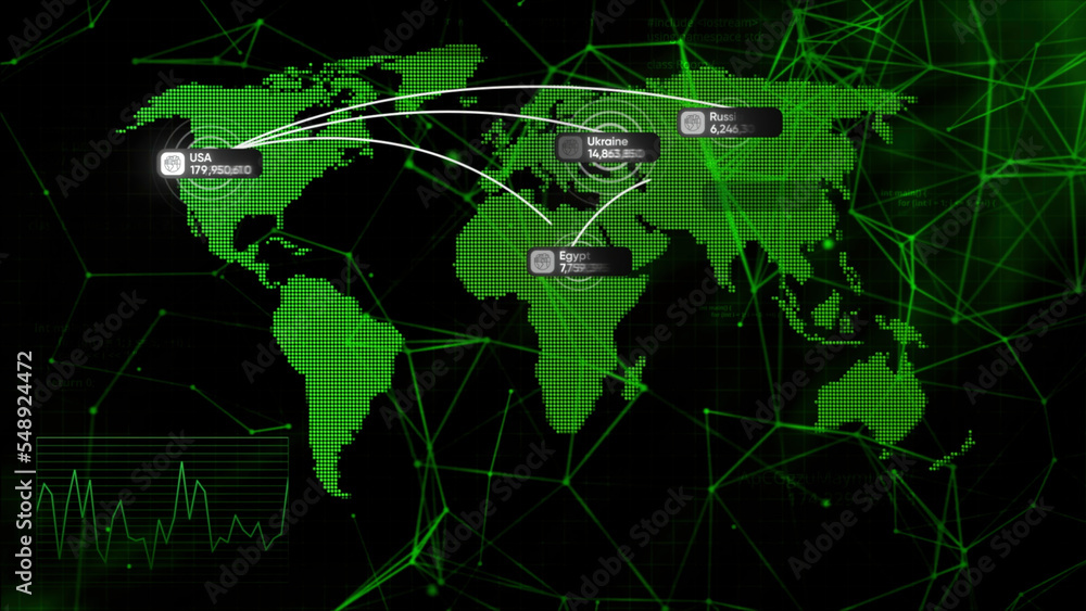 Poster gray and green graph. motion.shown is a world map with a population that is shown in numbers in each