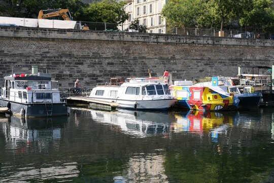 Aerial view of boats parked in canal Saint Martin in Paris