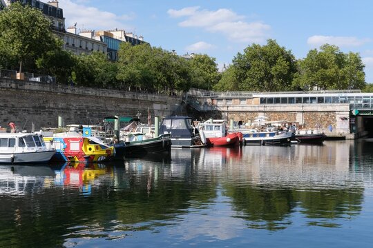 Aerial view of boats parked in canal Saint Martin in Paris