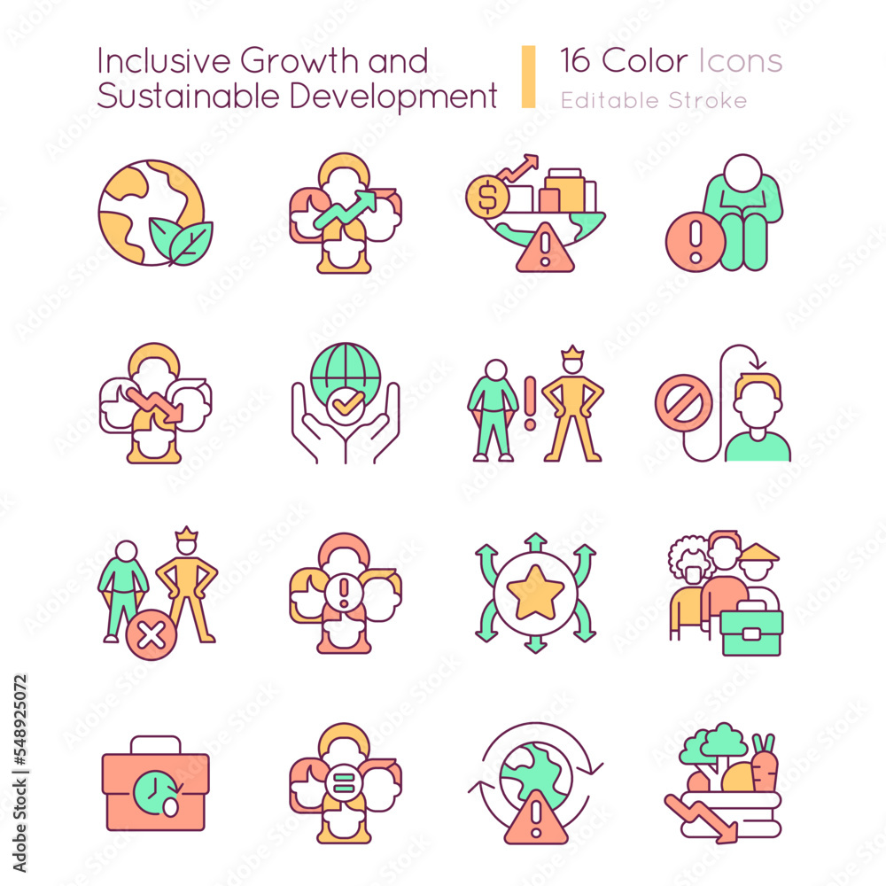 Poster inclusive growth and sustainable development rgb color icons set. social equality. isolated vector i